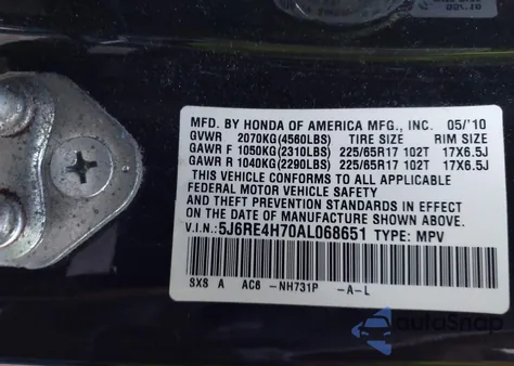 2010 Honda Cr-V Ex-L from USA, damaged, VIN 5J6RE4H70AL068651